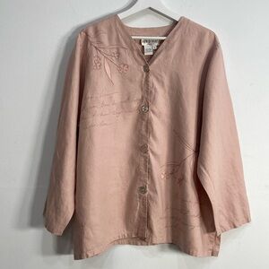 Vintage Romantic Linen Button Down Top Embroidered‎ Diary Writing Small